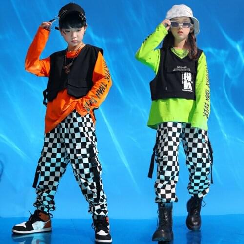 Green Orange Top Vest Plaid Pants Costumes for Kids Boys Girls Hip-Hop Overalls Tide Suit Jazz HipHop Dancing Outfit XS1198