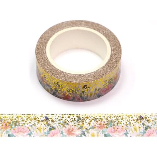 1PC 15MM*10M Foil Spring Gold Dot Pink Flowers Leaves Decorative Washi Tape Scrapbooking Masking Tape School Office Supply