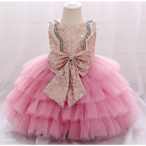 2021 Summer Girls Big Bow Dresses 6 Months - 5 Years Mesh Sequin Princess Dress Wedding Child Clothing Party Layered Cake Dress