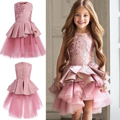 Cute Pink Beads Flower Girls Dresses Tiered Ruffles Little Girls Pageant Dress Formal Party Dress for Teen Kids