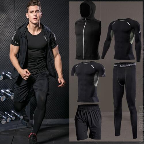 Mens Running Sets Gym tight pants Compression Shirt Fitness Shorts Jogging Sportswear Thin Jacket Training Suit Dry Fit T-shirt