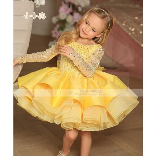 New Sequins Baby Girls Dresses for Special Occasion Long Sleeve Gown Child Kids Clothes Party Gowns with Bow
