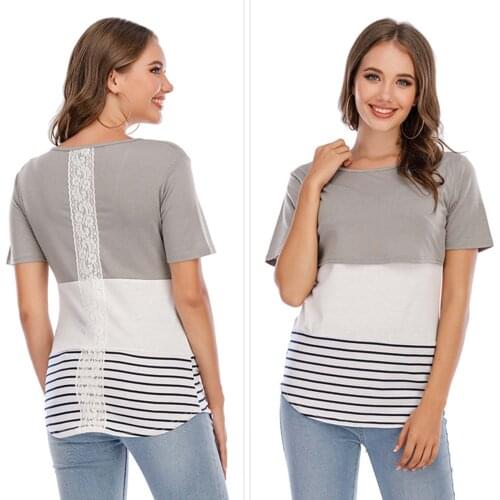 Maternity Clothes Breastfeeding Maternity T-shirt Short-sleeved Color-blocking Lace Nursing Clothes Zwangerschap Kleding Zomer