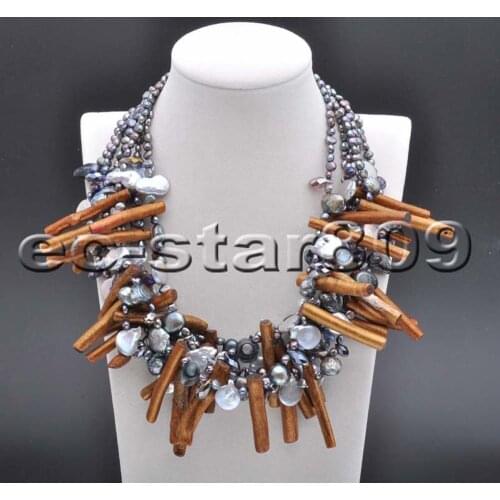 P5861 6row 18" Black Gray Baroque coin Freshwater PEARL Gold-Coral Branch Necklace Women jewelry