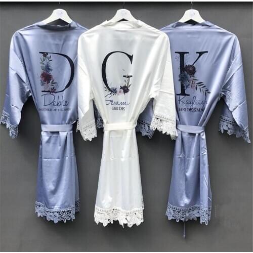Custom name date maid of honor dressing gown lace floral wedding robe initial mother of groom satin kimono robe bride keepsake