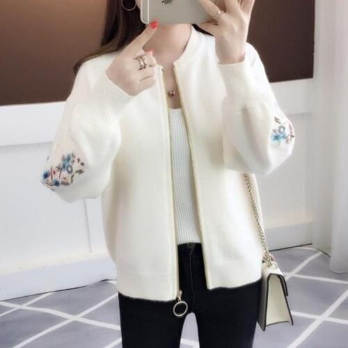 Embroidery Solid Knitted Cardigan Coat Women Korean O-Neck Long Sleeve Zipper Sweater Jacket Spring Casual Baseball Outwear Tops