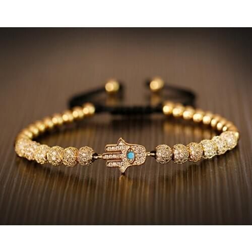 Luxury Jewelry White Zircon Disco Balls&Hamsa Hand Bracelet Men Macrame Gold CZ Copper Beads Braided Bracelets Hommes Pulseira