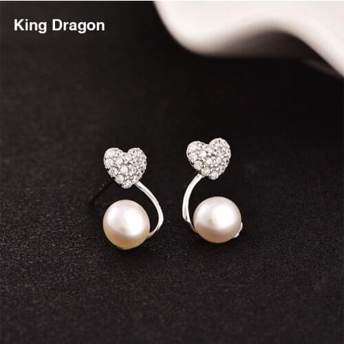 925 Sterling Silver Earrings With Cubic Zirconia For Girl Heart Fresh Water Pearl Earrings Birthday Gift E1938