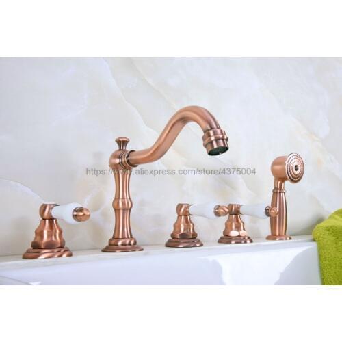 Widespread Antique Red Copper 5 Holes 3 Handles Bathroom Tub Faucet W/ Hand Shower Mixer Tap Ntf226