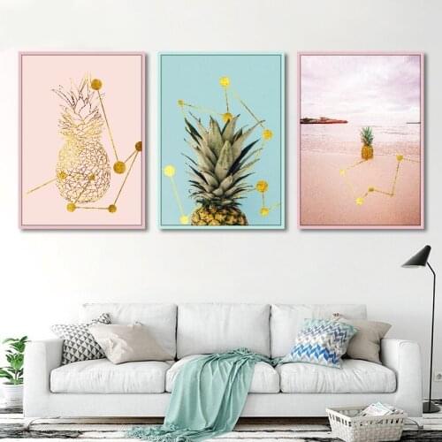 Nordic Cute Fresh Pink and Golden Pineapple Simple Decorative Painting Framed Canvas Picture for Girls Room Wall Art
