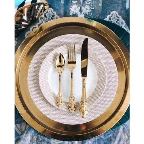 Vintage Western Gold Plated Cutlery Dining Knives Forks Teaspoons Set Golden Luxury Dinnerware Engraving Tableware set lin2858