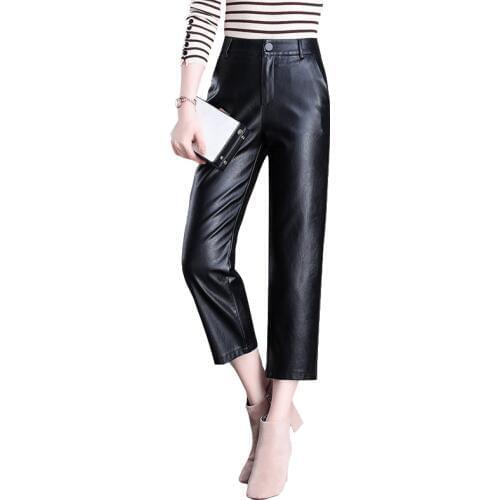 Idopy Women`s Leather Pants Wide Leg Flare Ankle Length High Waist Casual Office Lady Faux Leather PU Trousers For Female