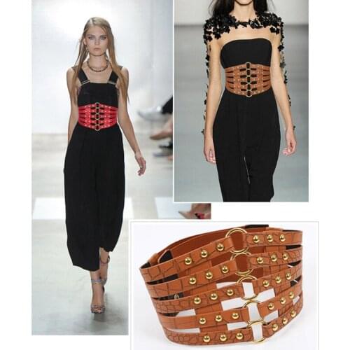 2021 Vintage Belt Design Brand Metal Ring Gold Ladies Women Belts Women Fashion Rivet Wide Elastic Waist 5 Straps Pu Belt New