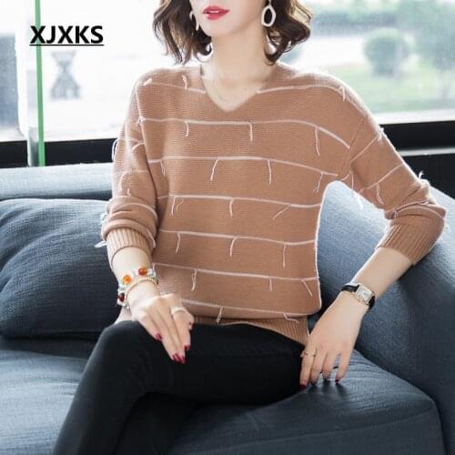 XJXKS womens clothing autumn high quality pullover sweaters originality wool knitting striped befree women ladies sweater