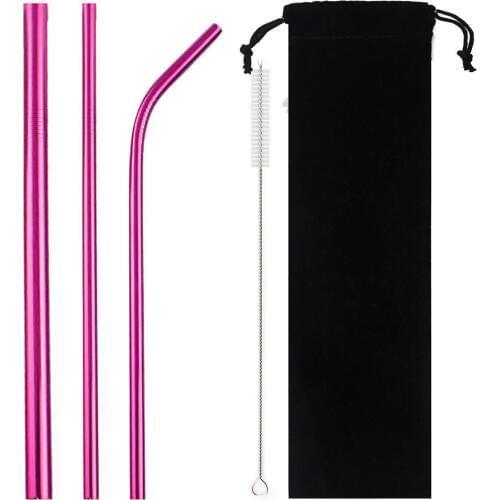 5-Pcs Metal Reusable Straw Colorful Pink Eco-Friendly Drinking Straws Set 304 Stainless Steel Straw Set with Brush Pouch Bag
