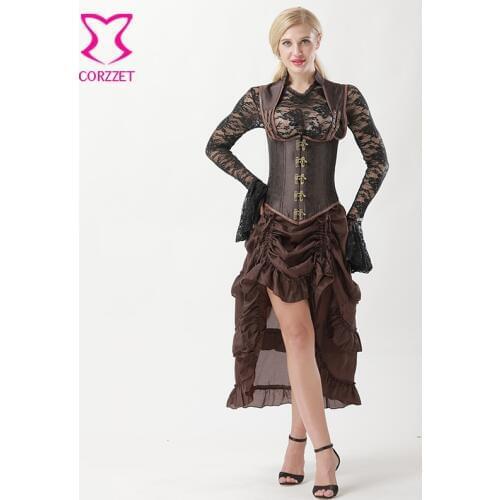 6XL Brown Brocade Cupless Sexy Corset Underbust Steampunk Corsets And Bustiers Plus Size Vintage Gothic Clothing Burlesque Dress