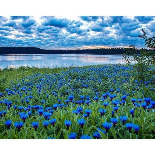 Diamond Painting Blue Cornflower Mosaic DIY 3D Diamond Embroidery Flower Sea Natural Scenery Paintings Needlework Lake Landscape