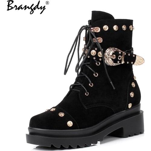 Lanvon Lace Up Women Boots Platform Buckle Boot Winter Shoes Thick Heel Autmn Boots With Zipper Ankle Strap Black Suede Gothic