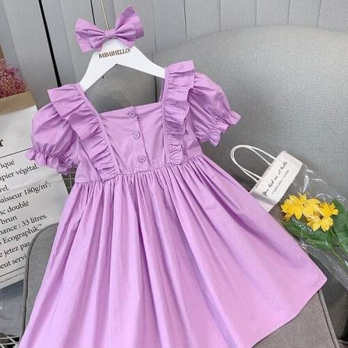Kid Girl Dress Violet Summer New Fashion Newborn Infant Toddler Girl Cotton Dress Ruffle Puff Sleeve Vestido Button Baby Clothes
