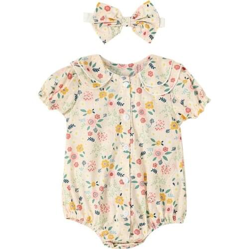 Baby Girl’s Short Sleeve Romper with Headband Summer Fashion Floral Frog Buttons Jumpsuits