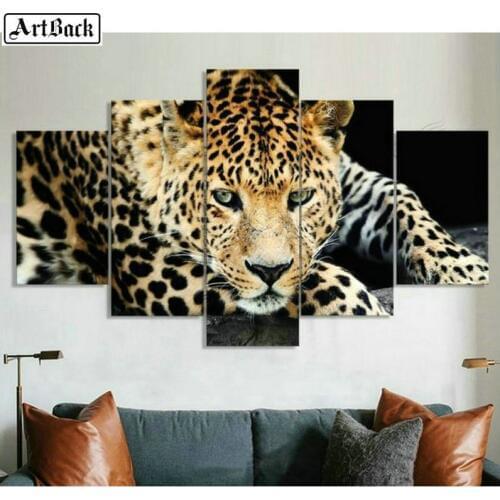 ArtBack Square / round 5d full diamond painting leopard five spell diamond mosaic animal crafts stickers
