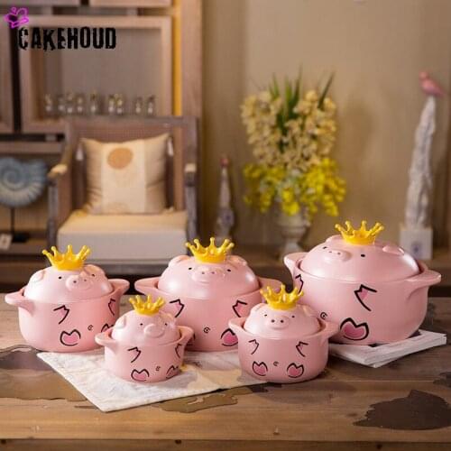 Ceramic Cartoon Pig Binaural Casserole With Lid And Long Handle Pink Cute Milk Pan Gas Heat Resistant Household Health Stew Pots