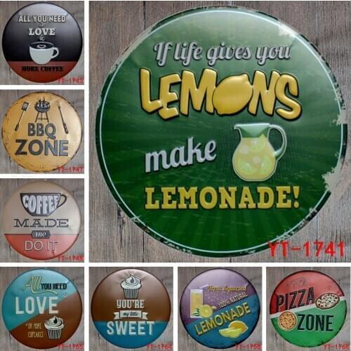 Round Coffe Bar Beach Garage Lemons Kichen DIY Tin Signs Retro Poster Vintage Plaques Wall Home Pub Plate Iron Painting Decor