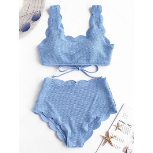 Two Pieces Bikini Solid Blue Bathing Suits Ruffled Swimwear Women Scalloped Textured High Waisted Bikini Set Lace Up Biquini XXL