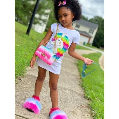 Summer Kids Plush Fur Slippers Fashion Shoulder Bag Coin Purse Fluffy Raccoon Fur Slides Girls Lovely Fur Sandals Rainbow Slides