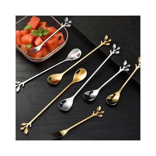 Hot New sell 304 stainless steel coffee spoon leaves spork for ice cream Creative tea-spoon Tableware Bar Tool Cutlery set