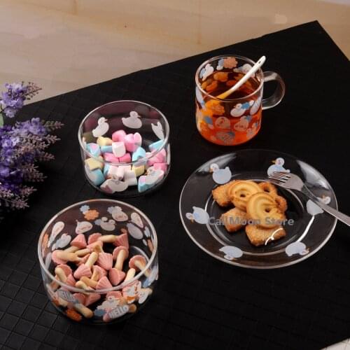 Kawaii Mug Duck Pattern Creative Glass Mug Breakfast Mlik Coffe Cup Cartoon Salad Bowl Household Couple Water Cup Dessert Plate