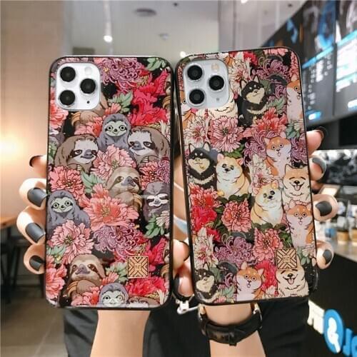 Cute Cartoon Flower Shiba Inu Dog Sloth Silicone Case For iPhone 11 12 Mini Pro Xs Max SE XR X 6 6s 7 8 Plus Glitter Soft Cover