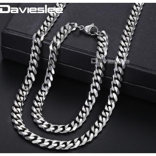 Davieslee Mens Jewelry Sets Stainless Steel Curb Cuban Chain Bracelet Necklace Jewelry Set for Men Silver Color 3 5 7 mm LKS114