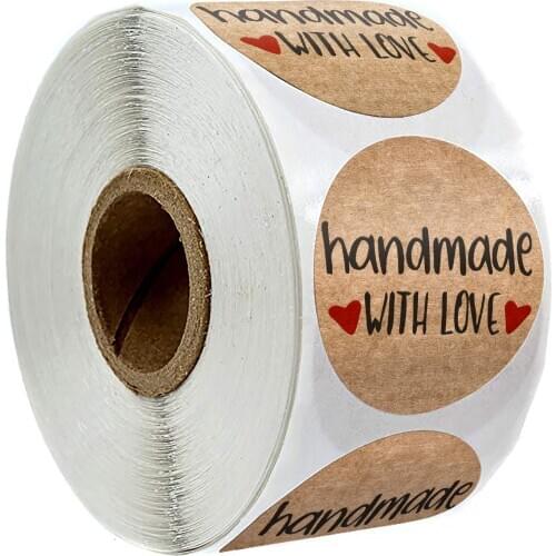 500 Pcs Handmade with Love Stickers Seal Labels Natural Kraft Round Scrapbooking Stickers for Package Stationery Stickers Rolls