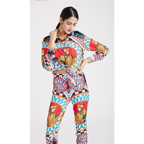 High quality 2018 new fashion dot plaid print long sleeve cropped trousers cloak three womens suit