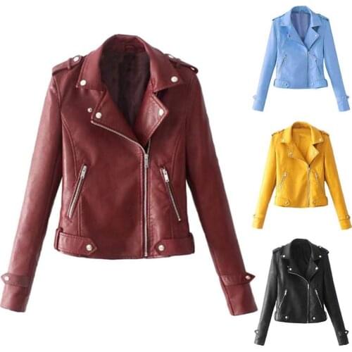 Solid Color Women Faux Leather Lapel Motorcycle Jacket Long Sleeve Zip Up Coat Womens Coat Winter/Autumn 2021