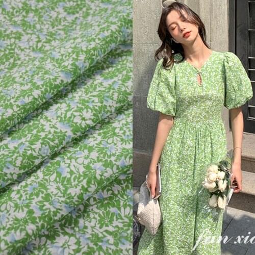 Half Meter Pastoral Little Fresh Green Flower Print Seersucker 100% Cotton Fabric For Dress Shirt Children Cloth CR-976
