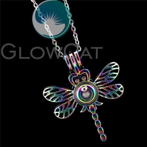 R-C576 Rainbow Colors Dragonfly Beads Cage Pendant Perfume Diffuser Aromatherapy Pearl Cage Locket Necklace