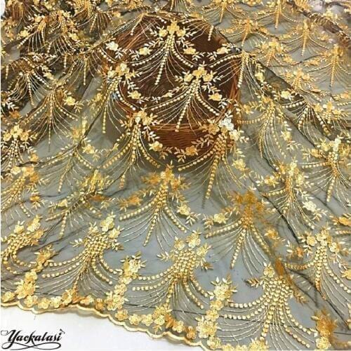 YACKALASI 3D Floral Tulle Lace Fabrics Black Gold Embroidered Soft Mesh Flower Summer Women Dress Fabrics 125cm