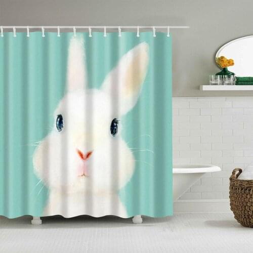 Cartoon Animal Cute White Rabbit Shower Curtain Fashion Bath Accessories with Hooks Waterproof Polyester Fabric Bathroom Decor