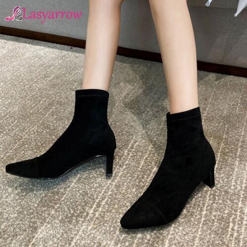 Lasyarrow black fashion autumn winter women boots pointed toe square heel ladies boots flock ankle boots new shoes big size 44