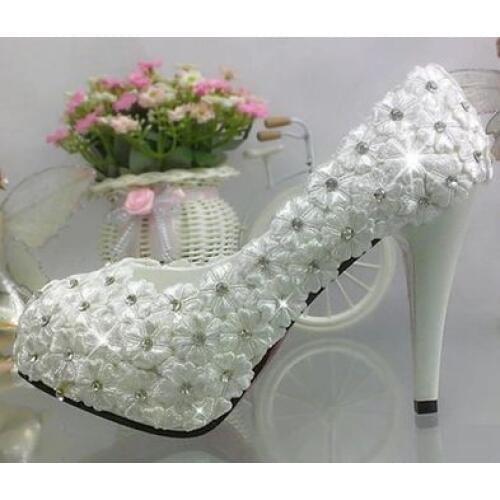 Full lace wedding shoes womens sweet handmade lace flower girl proms dress pumps shoes custom handmade plus sizes bridal shoe