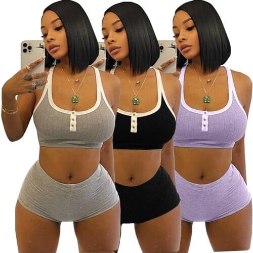Sexy Fitness 2 Piece Shorts Sets 2021 Summer Tracksuit Woman Spaghetti Strap Knitted Crop Top and Broadcloth Mini Biker Shorts