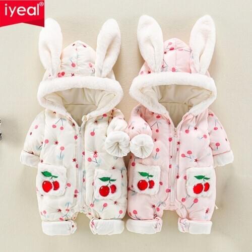 IYEAL Winter Newborn Baby Romper Girls Ropa Babies Rabbit Ears Hooded Overalls Thicken Duck Down Zipper Coats Toddler Outfit
