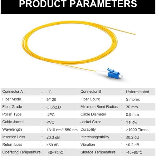 50PCS/Lot 1m LC/UPC Fiber Optic Pigtail Simplex 9/125 Single Mode FTTH Pigtail Cable LC UPC Pigtail LC Connector fibra optica