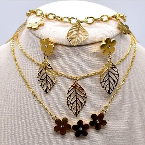 AMUMIU Fashion jewelry sets for women 2022 Flower Leaves 316L Stainless Steel Necklace Earring Bracelet Set KTZ035