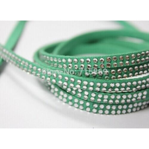 Free Ship 5 x1.5mm 100 Meters emerald Flat Faux Suede Leather Lace Cord Pave Siver Rivet Clear Stone
