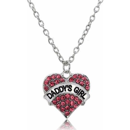 Bespmosp 24PCS/Lot Wholesale Daddys Girl Father"Day Gift Pink Crystal Heart Pendant Charms Chain Necklace Rhinestone Jewelry