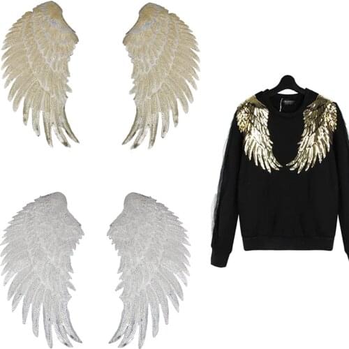 Polyester Sequins Patch DIY Angel Wings Patches For Kids Clothes Sew-on Embroidered Patch Applique Sticker 33*18cm, 1Pair