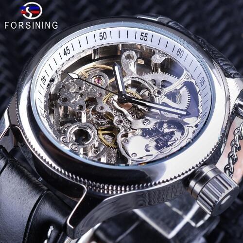 Forsining Watch Fashion Silver Skeleton Clock Gear Design Mechanical Wristwatches for Men Luminous Hands Black Genuine Leather